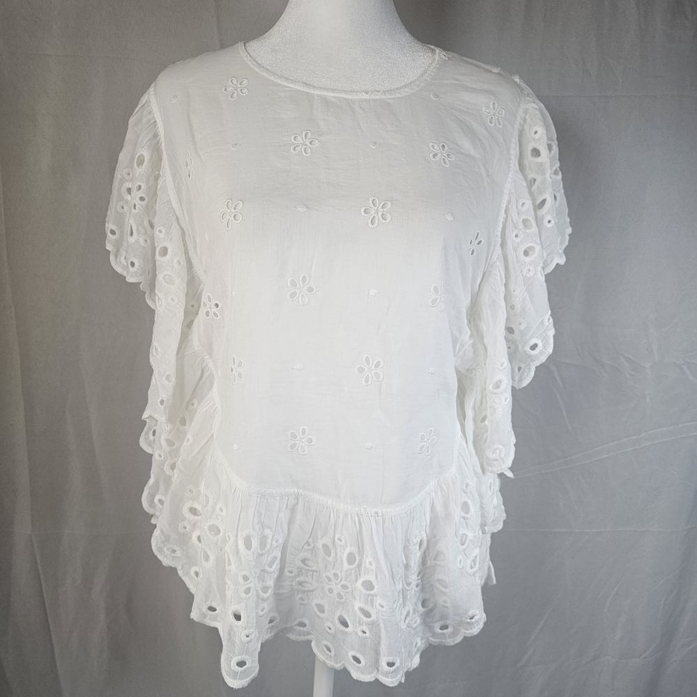 UNSUBSCRIBED Blouse Womens Medium Eyelet Ruffle Boho Embroidered Top‎ Shirt